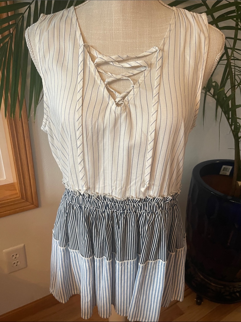 Maurices White and Blue Striped Sleeveless Lace-Up Blouse